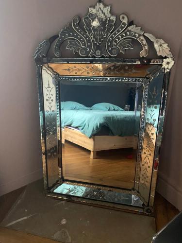 オルレアンにあるBalcon vue Loire parking à 50mのベッドルーム(鏡にベッド1台付)