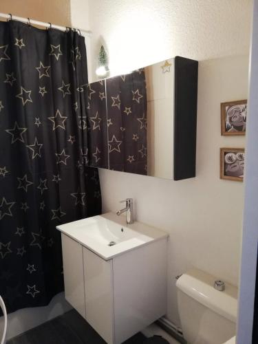 une salle de bain avec un lavabo et un rideau de douche noir dans l'établissement Les Chalets de Mel, à Saint-Lary-Soulan