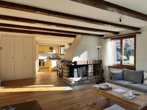 una sala de estar con un sofá y una chimenea en Casa Siccardi, en Klosters Serneus