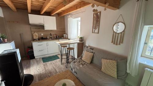 ein Wohnzimmer mit Couch und Küche in der Unterkunft Maisonnette à la campagne in Roissard
