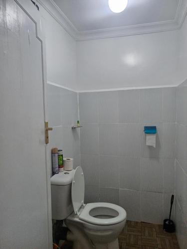 a bathroom with a white toilet in a room at Rustic Flame Cozy & Elegant Studio in Nanyuki in Nanyuki