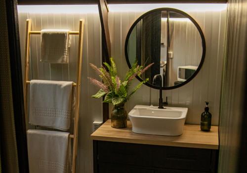 a bathroom with a sink and a mirror and towels at Éden Bed & Nature in Praia Grande