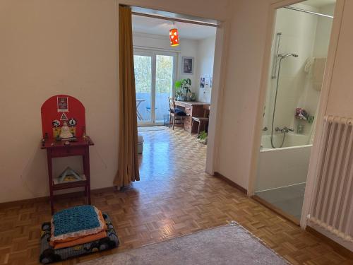 einen Flur mit Bad mit Dusche und Badewanne in der Unterkunft Forêt Lausanne in Lausanne