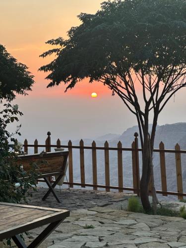 a tree in front of a fence with the sunset at Dana luxury huts in Dana