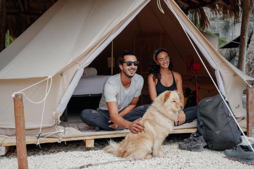 a man and woman sitting in a tent with a dog at Mapache Hostel in Holbox Island