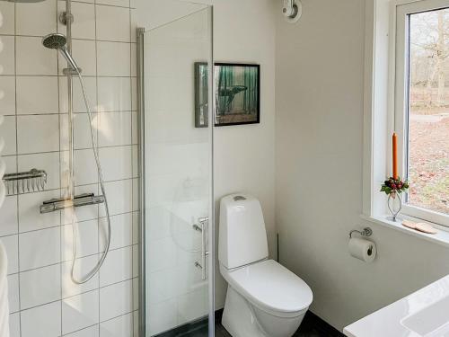 a bathroom with a toilet and a glass shower at Modern Loft House In The Woods Near Gullabo in Gullabo