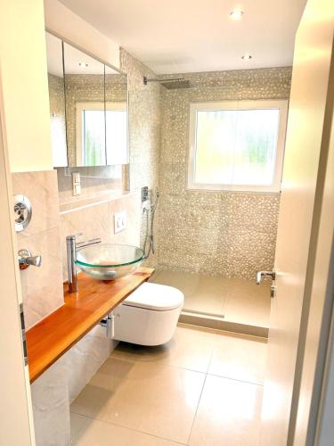 a bathroom with a glass sink and a toilet at Romantic getaway with pool & panoramic vineyards in Eltville