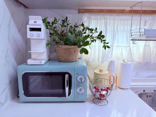 a blue microwave sitting on a counter with a plant at 온유재스테이 N seoul tower 800m in Seoul