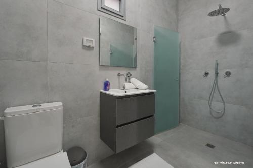 une salle de bain avec toilettes, lavabo et douche dans l'établissement וילות היוקרה עידן הנוף ואחוזת אסתובן, à Ya‘ara