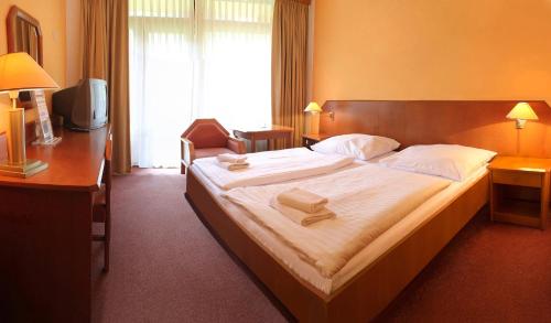 ルハチョヴィツェにあるHotel Harmonieの大型ベッド1台(タオル2枚付)が備わる客室です。