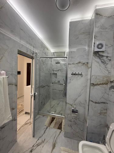 シェンジンにあるApartament shengjin Bekoのシャワーと洗面台付きのバスルーム