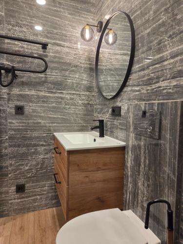 a bathroom with a sink and a mirror at Svečių namas in Radailiai