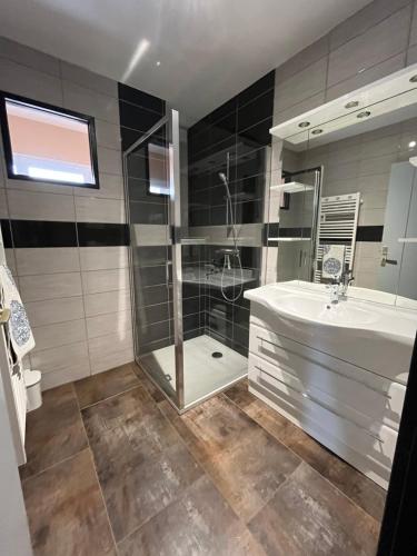 SalguesにあるGîte aux Portes d'Aubracのシャワー、洗面台、浴槽を備えたバスルーム