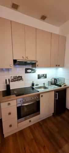 a kitchen with white cabinets and a stove top oven at Old Town Apartment Bydgoszcz in Bydgoszcz