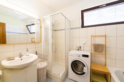 a bathroom with a washing machine and a sink at grünraum Apartment in Kleinsöding