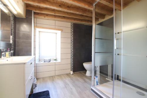 a bathroom with a glass shower and a toilet at Lauseig in Lourdios-Ichère