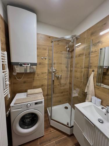 a bathroom with a washing machine and a shower at Apartmán v centru Trutnova in Trutnov