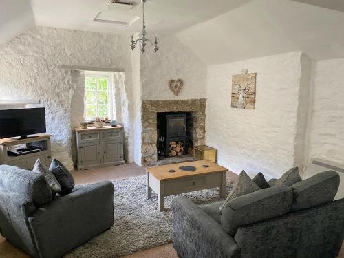 a living room with two couches and a fireplace at Liam Cottage - Cv13 in Saint Cleer