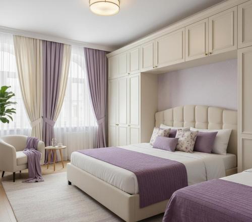 a bedroom with a large bed and a chair at La-Sa Apart Hotel in Icmeler