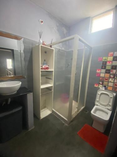 a bathroom with a shower and a toilet and a sink at Irishhome stay in Hosūr