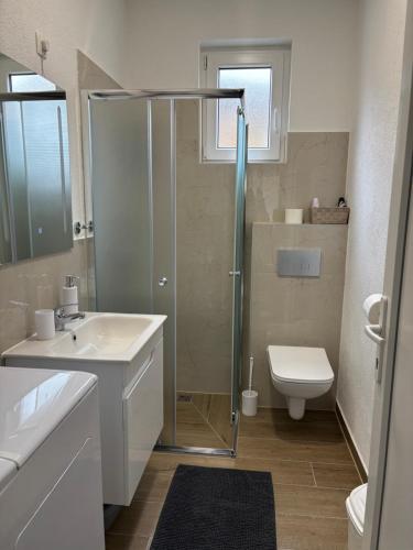 a bathroom with a shower and a sink and a toilet at Studio Apartman Miličević in Posušje