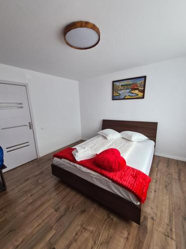 a bedroom with a bed with a red blanket at Luci's House in Jucu de Mijloc