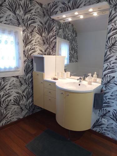 une salle de bain avec un lavabo et un miroir dans l'établissement Gîte 3 étoiles Le Charme Des Cerisiers 8 pers, à Bouvigny-Boyeffles