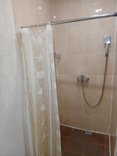 a shower with a shower curtain in a bathroom at Sauleskrasti 