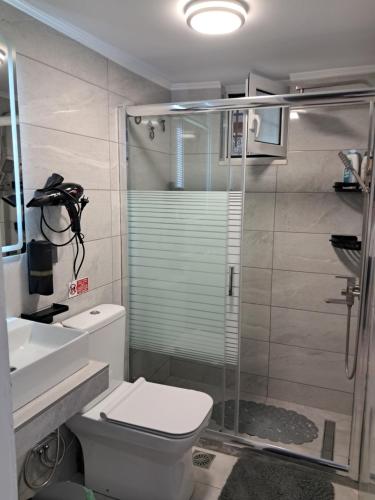 a bathroom with a shower and a toilet and a sink at Villa Nicole in Katarrákhion