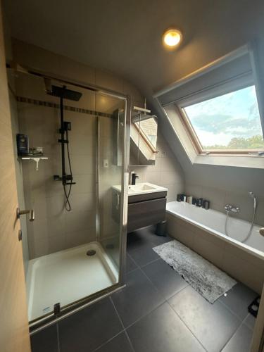 a bathroom with a shower and a tub and a sink at Modern Duplex Apartment with terrace view in Stekene