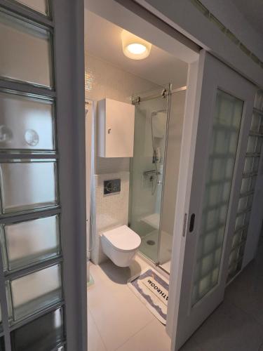 a small bathroom with a toilet and a shower at 2SEA - Apartamento na praia do Ouro - Sesimbra in Sesimbra