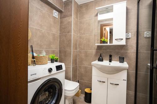 a bathroom with a washing machine and a sink at Clock Tower Apartments Bitola in Bitola