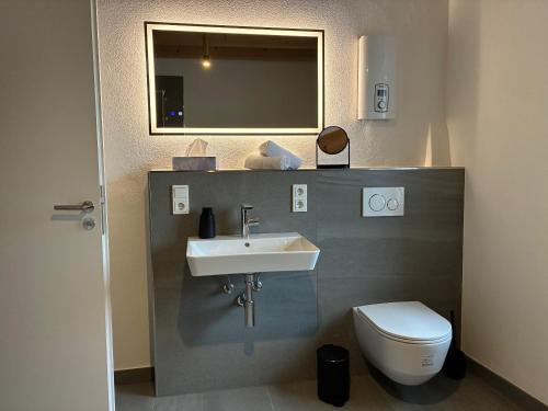 a bathroom with a sink and a toilet and a mirror at FeWo - LOFT Mosel & Weinquartier, Balkon, Parkplatz, moderne Küche, bis 8 Personen in Piesport