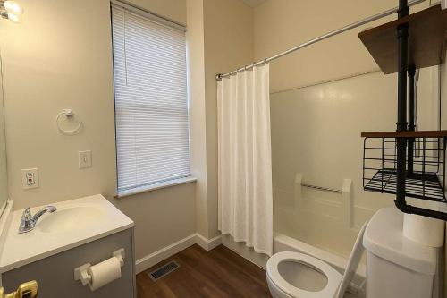 a bathroom with a sink and a toilet and a shower at Soulard King Loft near Anheuser-Busch Brewery in Saint Louis