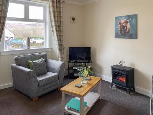 a living room with a couch and a stove at Kirnan Cottage in Kilmichael Glassary