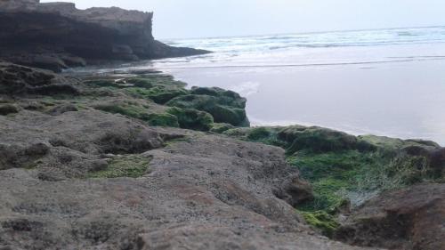 a group of rocks on a beach with the ocean at Chezidar Tafadna Essaouira 