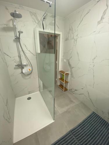 a bathroom with a shower with a glass door at Domein 15 De Haan Nieuwmunster, 4-bedroom holiday house for up to 6 people, between Wenduine, 1 km, and De Haan, 2 km, 500 meters from the beach,15 min from Bruges, Ostend and Knokke, nice fenced garden, no services offered in Zuienkerke
