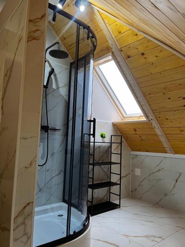 een badkamer met een douche op zolder bij Vučja Aura Gorski Kotar in Vrbovsko