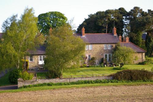une grande maison en briques avec un arbre en face de celle-ci dans l'établissement The Cottage, à Etal