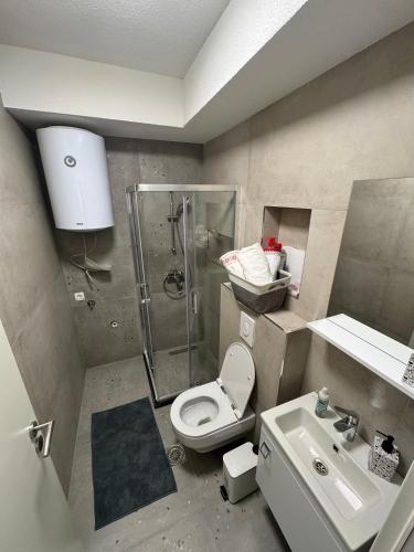 łazienka z prysznicem, toaletą i umywalką w obiekcie Four Collection w Prisztinie