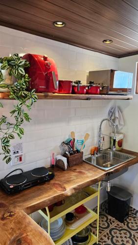 een keuken met een spoelbak en een aanrechtblad bij Le Ville - Chalé 1 in Campos do Jordão