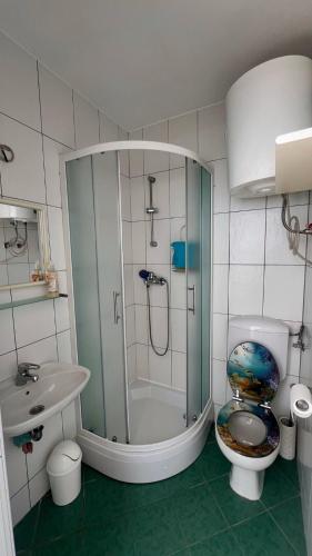 a bathroom with a shower and a toilet and a sink at Phoenix in Peroj
