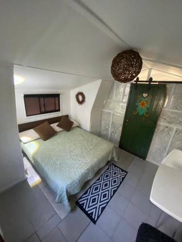 a small bedroom with a bed and a green door at Cabañas del Maipo in Peumos
