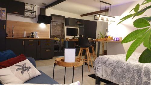 a living room with a couch and a kitchen at GARY Suite - Studio Cosy, Spa et jardin privatif à 4 min de Cambrai in Awoingt