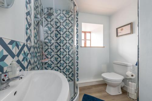 a bathroom with a toilet and a sink and a shower at Bwthyn-Cerrig in Llanerchymedd