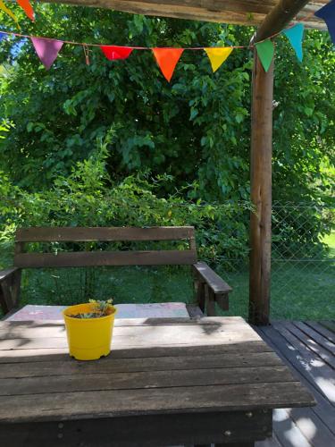 a wooden bench with a flower pot on a wooden deck at Galilea in San Miguel del Monte