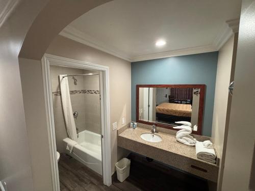 a bathroom with a sink and a mirror and a tub at Economy Inn - Burbank Airport in Sun Valley