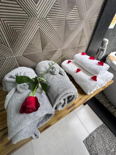 a couple of towels on a table in a bathroom at Chalé Colina in Venda Nova do Imigrante