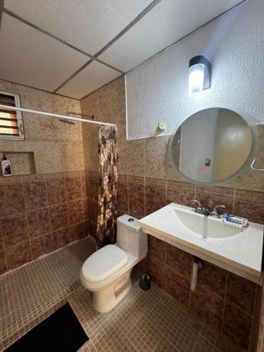ein Badezimmer mit Toilette, Waschbecken und Spiegel in der Unterkunft Las Fuentes in Mérida