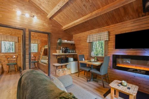 a living room with a couch and a tv in a cabin at chalet 2 - Domaine de l'Archipel in Sorel
